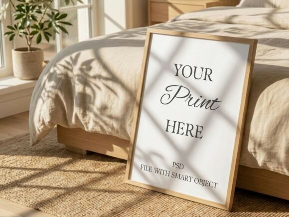 Download Bedroom Poster Mockup with Warm Shadows - Poster mockup Collection